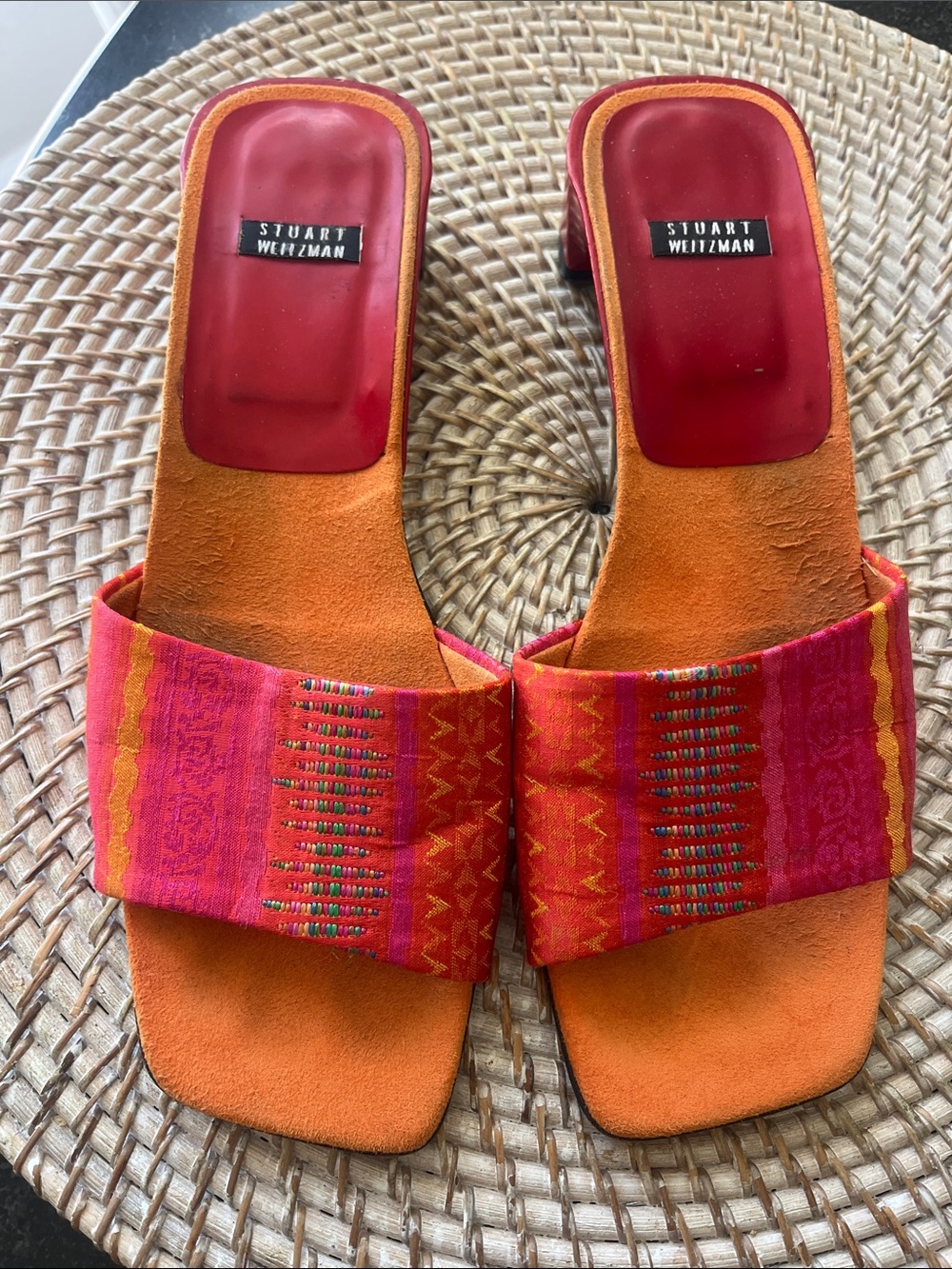 Stuart Weitzman, vibrant embroidered pink & orange slide sandals 7.5